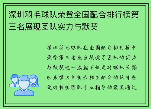 深圳羽毛球队荣登全国配合排行榜第三名展现团队实力与默契